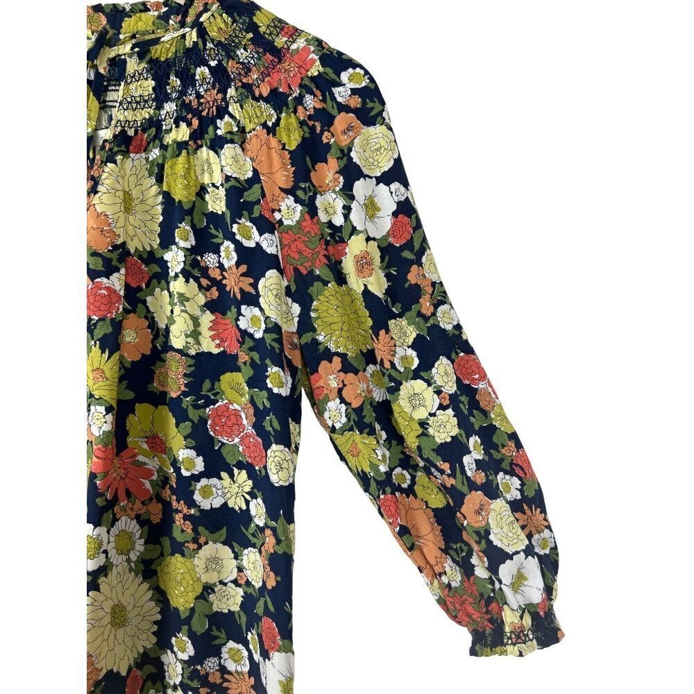 Odille Navy Floral Smocked Neck Long Sleeve Top Size 2 - Picture 4 of 9
